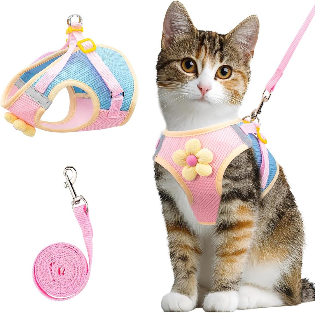 Coppthinktu Cat Harness and Leash Set Escape Proof, Adjustable Cat Vest Harnesses Soft Kitten Harness Reflective Strips Jacket with Flower, Breathable Mesh Harnesses for Cats Puppy Outdoor Walking S