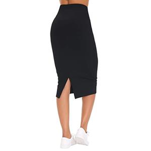 THE GYM PEOPLE Women's High Waist Tummy Control Pencil Skirts Stretchy Bodycon Midi Skirt Below Knee with Back Slit Black, L