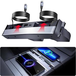 Upgrade 65W USB Charger Hub for Tesla Model 3 Highland 2024-2025 & New Model Y Juniper 2026 Accessories, 4-Port Retractable Phone Charger USB Hub  Center Console