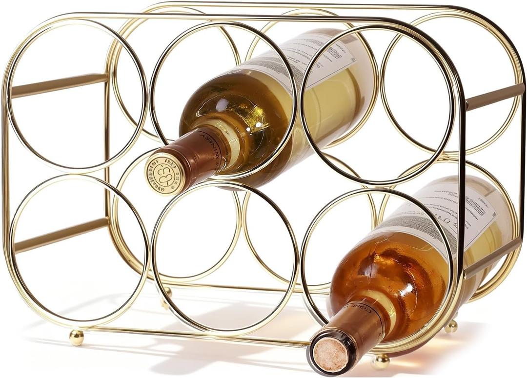 Countertop Wine Rack - 6 Bottle Freestanding Modern Gold Metal Small Wine Rack - Tabletop Wine Holder Stand for Cabinet, Pantry, Wine Bottle Storage