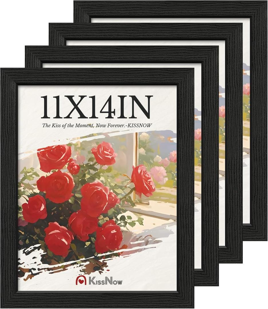 11x14 Picture Frame 4 Pack, Black Solid Wood, Wall Gallery Poster Frame