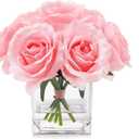 7 Large Stem Pink Rose Artificial Flowers in Vase, Fake Rose with Fake Flowers in Vase for Home Decor, Wedding Table (Pink)