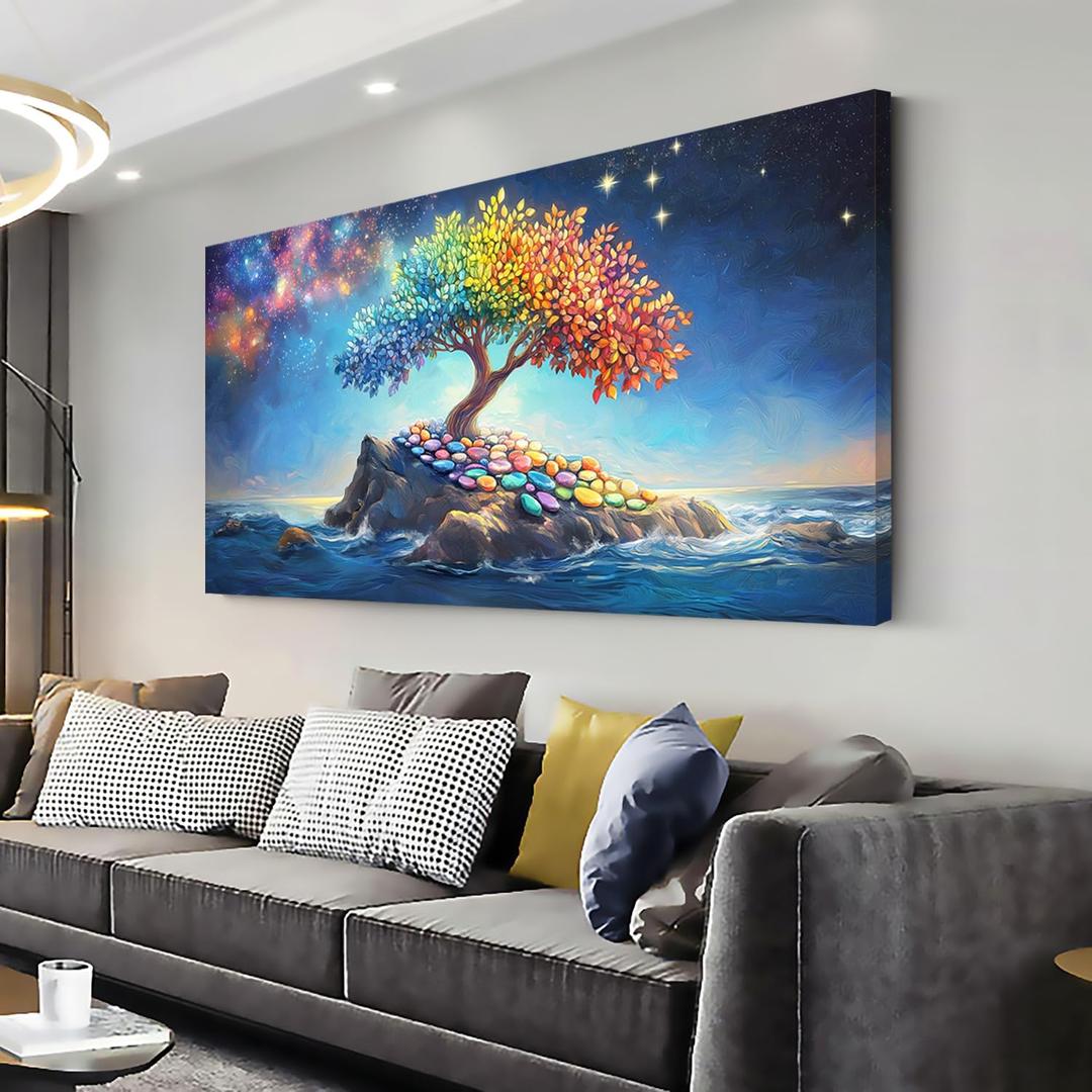GAFSING Rainbow Colors Tree Wall Art for Living Room Office Fantasy Art Cosmic Ocean Surreal Landscape Tree of life Painting Prints Magical Canvas Artwork Dining Bedroom Decor, 40"L x 20"W