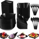 200 Pcs Mini Appetizer Plates, Disposable Dessert Plates with 50 Spoons & 50 Forks, Plastic Serving Bowls, Black Snacks Appetizer Trays for Party, 4 Shapes