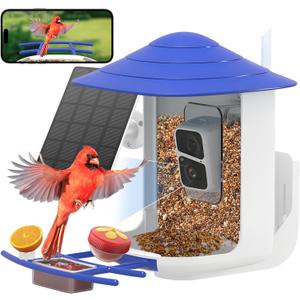 Smart Bird Feeder with Camera Solar Powered AI Identify 10000+ Birds Auto Capture 2.5K UHD Video Live for Outdoor Blue WiFi Bird Feeder for Birds Lover Gift