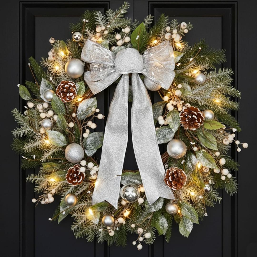 24 Inch Christmas Wreath for Front Door with Lights Silver Bow Pine Needles White Berries Pine Cones Snowy Christmas Ball Decorations for Winter Holiday Xmas Decor