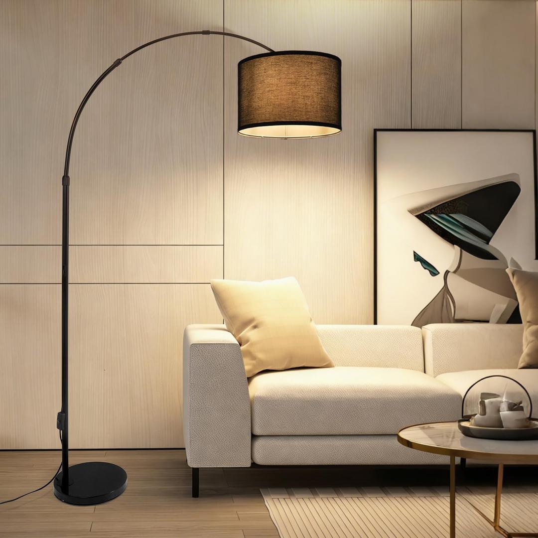 Black Arc Floor Lamp, Modern Standing Floor Lamp with Adjustable Head & Fabric Drum Shade, Over Couch Reading Light for Living Room, Bedroom, Office, Study Room