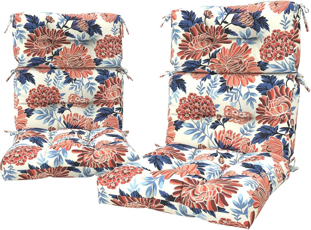 LVTXIII 2 Pack Outdoor High Back Cushions, 22" W x 20" D Tufted Seat and Back Chair Cushion with Ties, Fluffy Patio Replacement Rocking Chair Cushion for Outdoor Furniture Use, Vibrant Blossom, 44"x22"x4"