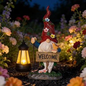Garden Decor Gnomes Outdoor Statue with Solar Lights-Solar Garden Gnomes Decorations for Patio Lawn Yard Balcony with Lantern,Welcome Sign with Butterfly Flower, Birthday Gifts for Women Mom Grandma