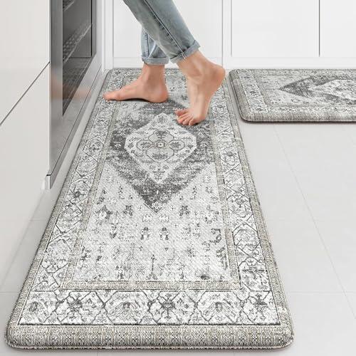 KIMODE Kitchen Rugs and Mats for Floor 2 Piece Cushioned Anti Fatigue Kitchen Mat Non-Skid Waterproof Kitchen Runner Rug Boho Laundry Room Rug for Kitchen Decor, Floors, Office, Desk, Grey Rug Set
