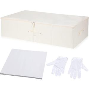 Wedding Dress Preservation Box Kit Dress Storage Box with 1 Microfiber Gloves and 100 Sheets Acid Free Tissue Paper for Storage Wedding Clothing Gown(28 x 15.7 x 7 Inch,Beige, White)