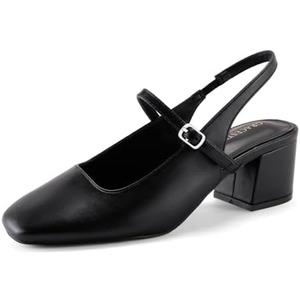 GRACESTRIDE Women's Slingback Heels Low Chunky Heel Buckle Strap Pumps Square Toe Wedding Dress Shoes 8, Black