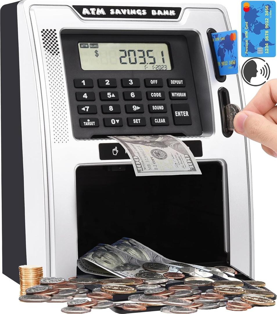 Fishboy Talking ATM Piggy Bank for Kids with Dual Debit Cards, Power-Off Memory, Auto-Opening Drawer for Real Money for Boys, Onekey Shutdown, Bill Feeder, Coin Recognition, Balance Calculator Machine (Black/Silver)
