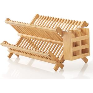 HBlife 2pcs Bamboo Dish Plate Bowl Cup Book Pot Lid Cutting Board Drying Rack Stand Drainer Storage Holder Organizer Kitchen CabinetKeep Dry