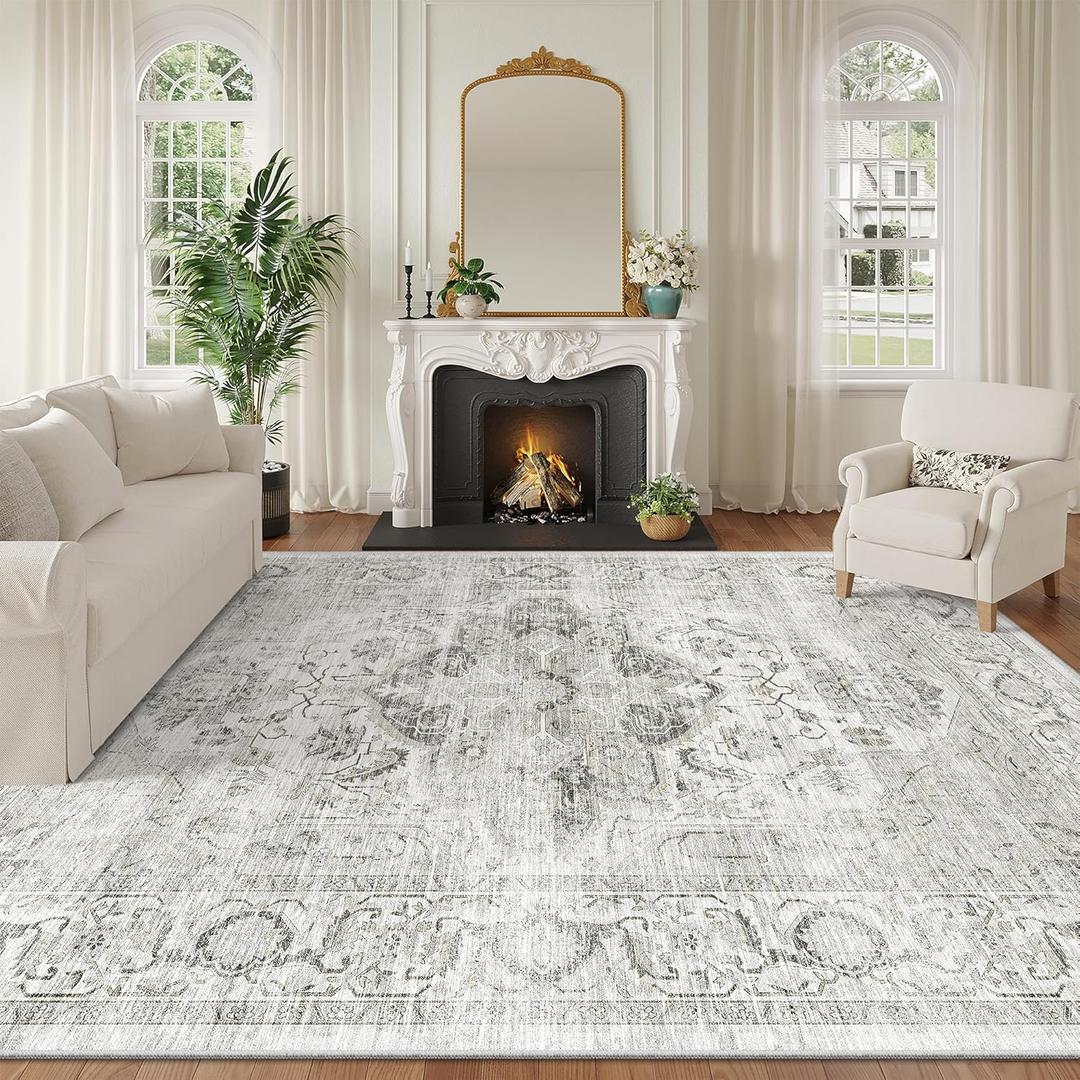Washable 8x10 Area Rug - Large Soft Rugs for Living Room Vintage Stain Resistant Carpet for Bedroom with Non Slip Backing Home Decor Indoor Floor Mat (Ivory/Gray,8'x10')