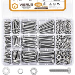 VIGRUE 408pcs M5 M6 M8 Bolts and Nuts Assortment Kit, 304 Stainless Steel (18-8) A2 Hex Metric Bolts Nuts Washers Kit, Fully Thread