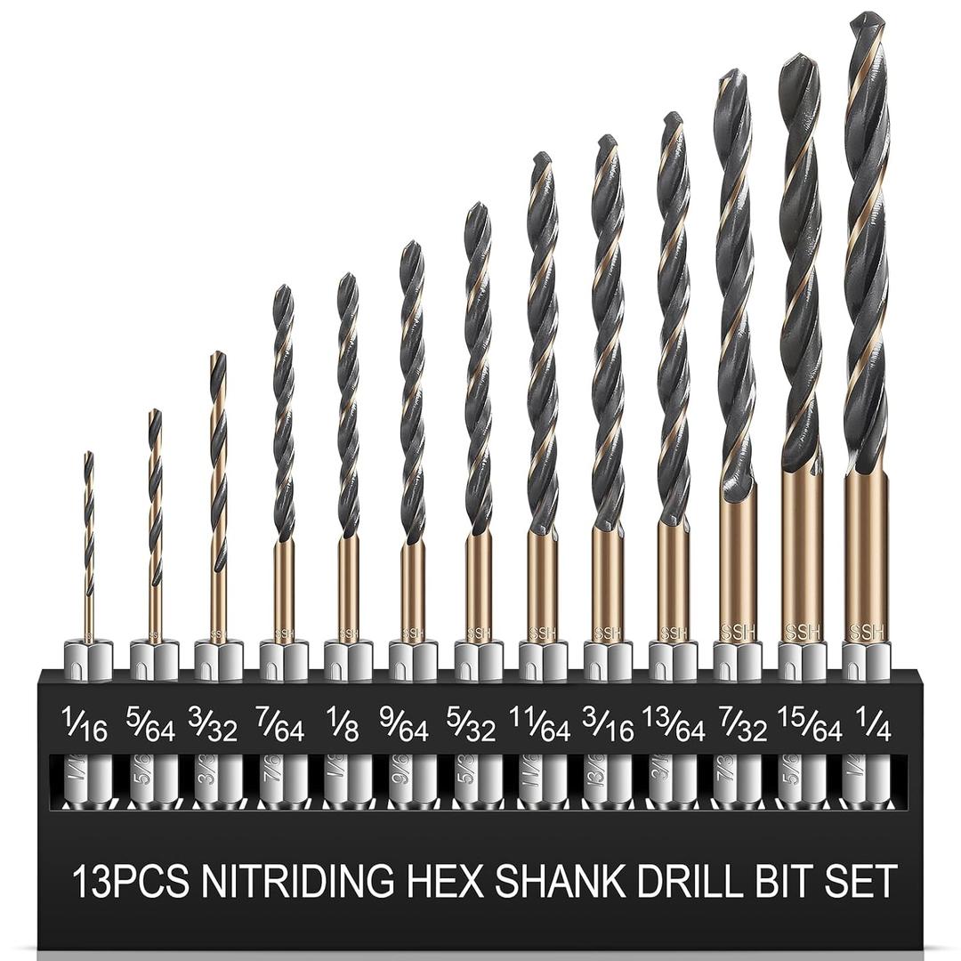 13pcs Hex Shank Drill Bit Set, Professional HSS Nitriding Twist Drill Bits, Upgrade Black and Gold Coated Drill Bit, Quick Change Design for Wood, Steel, Metal, and Plastic, 1/16IN to 1/4IN.