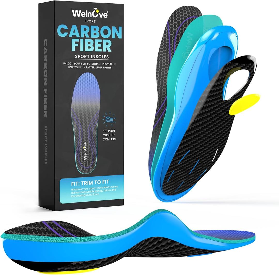 Welnove Carbon Fiber Sport Insoles with Arch Support - Shock Absorbing Performance Insoles for High Impact Sport- Energy Return,Increased Performance and Injury Protection-Not for Tight Shoes-L (Men 8-9 | Women 9.5-10.5 (275mm))