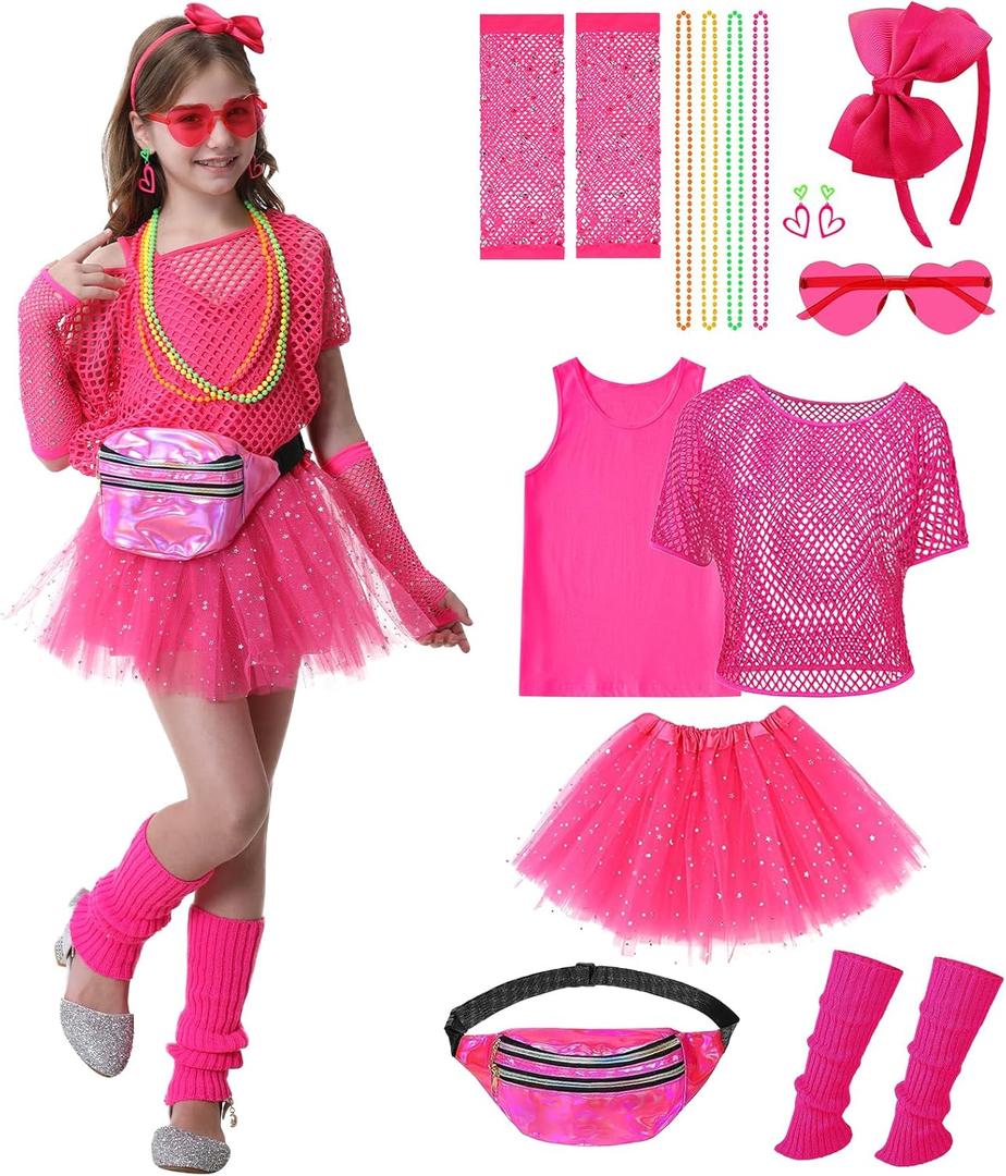 80s Outfit for Kids Girls 16 Pcs 80s Costume Accessories Set Fun Girls 1980s Outfit for Halloween Retro Party Cosplay (9-10 Years, Pink) Large