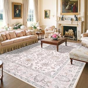 Lahome Boho Pink Area Rugs 9x12 Living Room, Washable Floral Large Area Rugs for Bedroom, Soft Non-Slip Thin Rug for Nursery Kids Playroom Dining Room (Pink, 9' x 12')