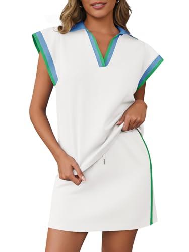 Fisoew Womens 2 Piece Skirt Set Summer Cap Sleeve Tops Matching Tennis Skirts Casual Color Block Vacation Outfits Lounge Sets (Medium, White)