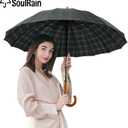 SoulRain 16 Ribs 48" Stick Umbrella Auto Open Solid Color Fashionable and SimpleArc Classic Wood HandleWindproof Unbreakable Stick Rain Umbrella