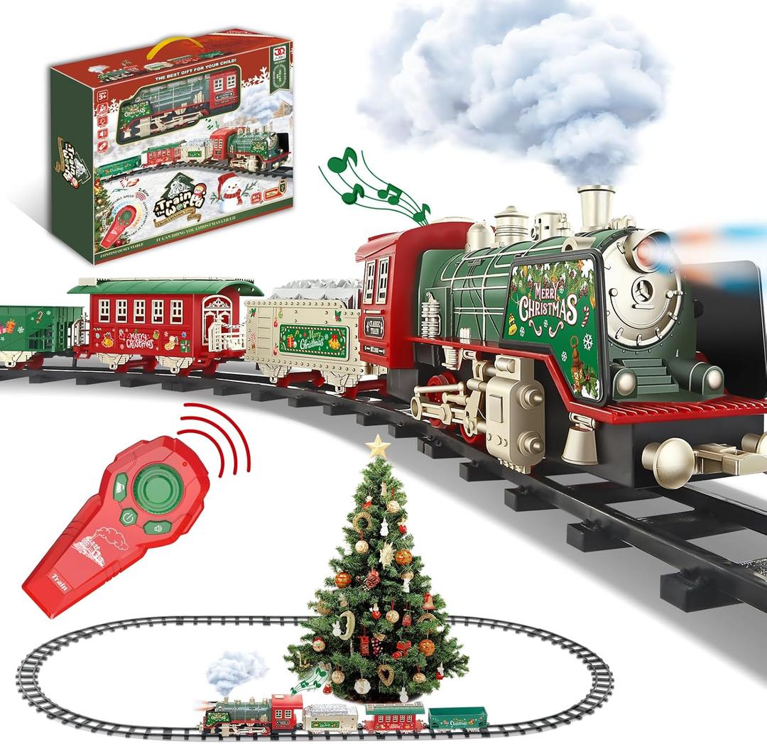 JUQU Christmas Train Set for Kids Ages 3-8  Remote Control Steam Locomotive Toy Train Gifts with Smoke, Lights, Sound & Tracks, Christmas Tree Train for Around or Under Tree