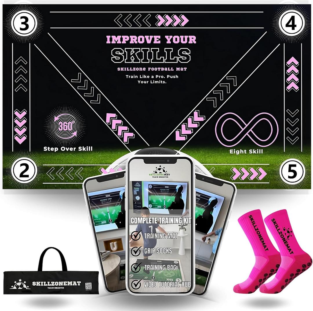 SkillZone Soccer Training Mat  Soccer Dribbling & Footwork Trainer with SkillZone Interactive Training Hub | Soccer Skills & Ball Control Practice for Kids & Teens | Indoor & Outdoor Agility & Coordination Training System (Flash Pink - Essential Kit)