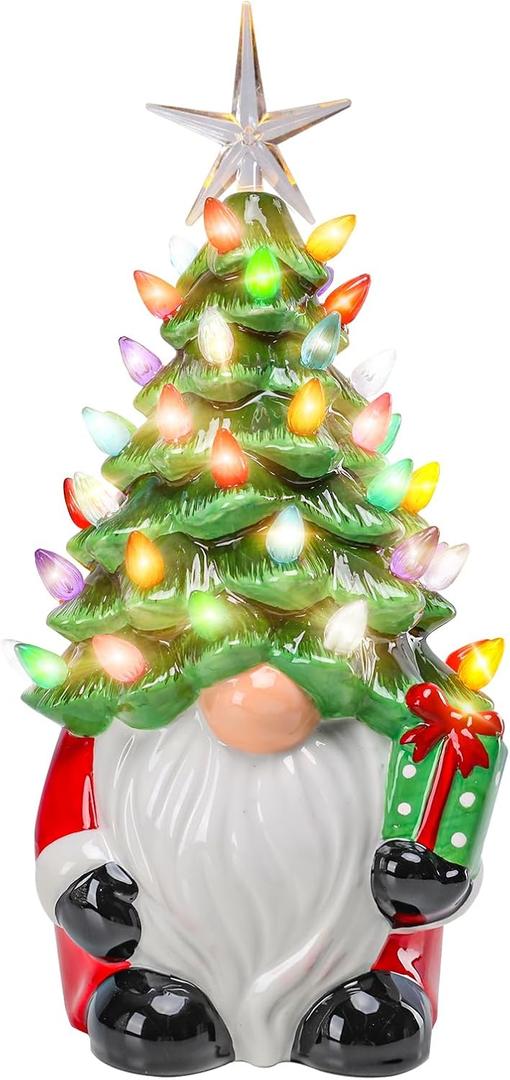 Yinns Ceramic Christmas Tree Light Up, Gnomes Christmas Tree with LED Lights, Tabletop Decor for Xmas Decoration Indoor Home Party Supplies,12 Inch