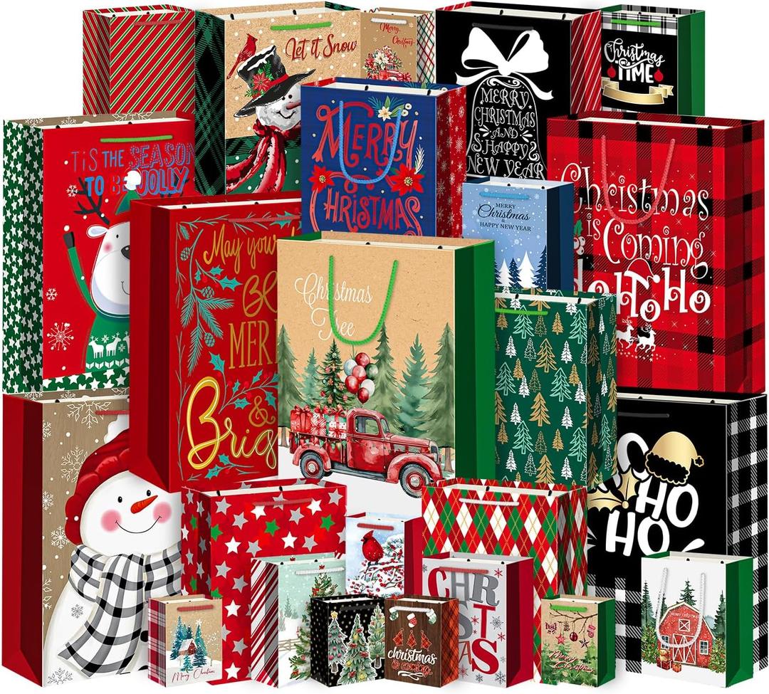 WLUSEAXI 24Pack Assorted Sizes Bags with Handle - 6 Jumbo, 6 Large, 6 Medium, 6 Small Bags for Christmas Presents, Kids, Xmas Party Favors (Red/Brown)