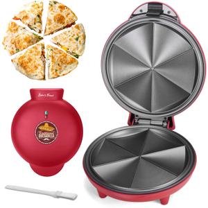 Baker's Friend Electric Quesadilla Maker with Extra Stuffing Design, 9.5 Inch with Easy Slice 6 Wedge, Non Stick Surface, Non-Slip Feet, Grilled Cheese Maker Machine, Red