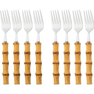 8pcs Natural Bamboo Salad Fork Set, Dessert Fork For Home Wedding Party Or Restaurant Daily Use, 304 Stainless Steel, 7.87-inch (Silver)