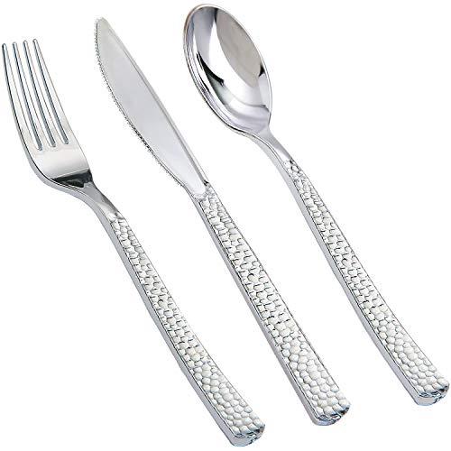 Supernal 360pcs Silver Plastic Cutlery,Elegant Plastic Silverware,Silver Hammed Silverware,Disposable Flatware,Include 120 Forks,120 Knvies,120 Spoons,Perfect for Birthday,Party,Wedding