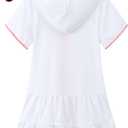Girls Swim Cover Up Terry Swimsuit Coverup Kids Zip-Up Beach Pool Bathing Suit Wraps with Sunglasses (White, M)