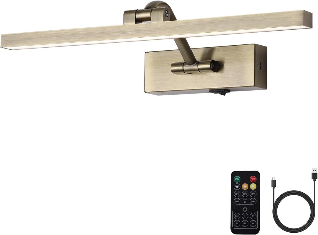 5000mAh Picture Light Battery Operated,15.7In Antique Bronze Wireless Rechargeable Picture Light 3 Colors Dimmable Art Light with Remote Timer for Paintings,Gallery