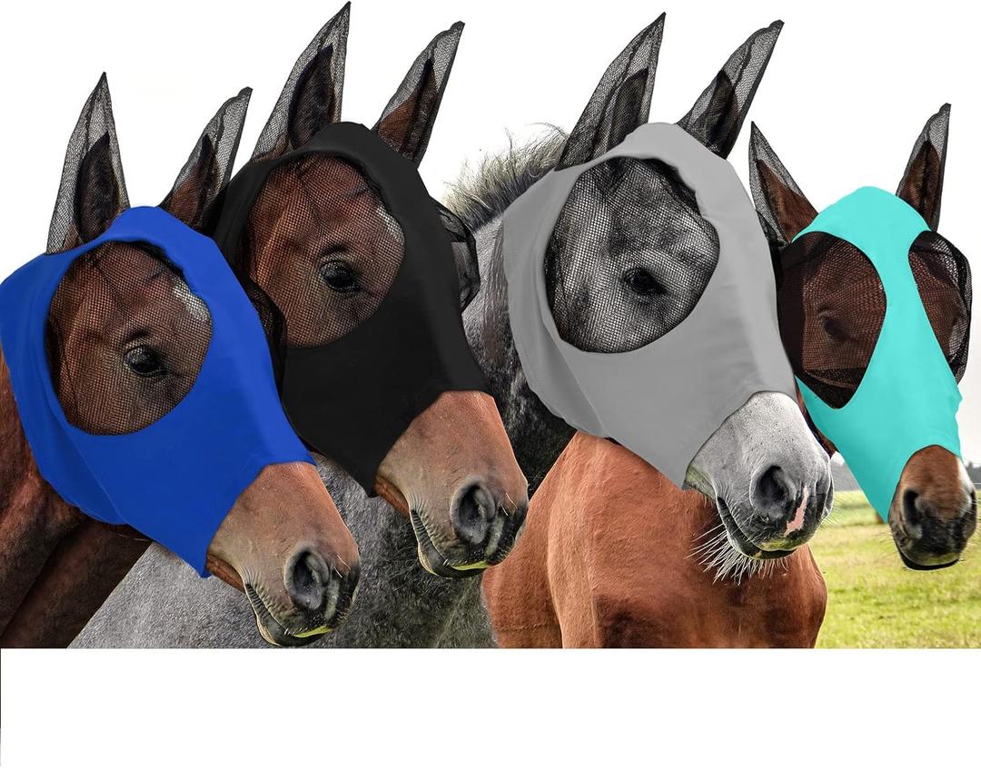 Frienda 4 Pcs Horse Fly Masks with Ears Head Fly Masks for Horses Smooth Elastic UV Protection Cover from Summer Insect Pests(Large,Black, Gray, Blue, Mint Green)