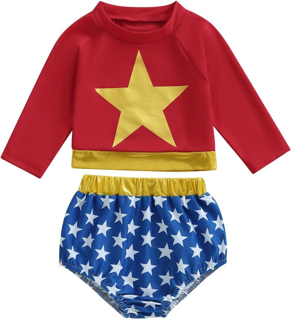4th of July Toddler Baby Girl Swim Cover Up Star Long Sleeve Rash Guard Tops Shorts Swimsuit 2Pcs Beach Bathing Suit (Red) 2-3Y