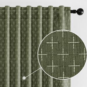 MIULEE Decorative Back Tab Linen Curtains with Geometric Pattern for Living Room Bedroom Farmhouse Rustic Thick Woven Textured Patterned Mudcloth Drapes 84 Inches Long 2 Panels Set, Olive Green