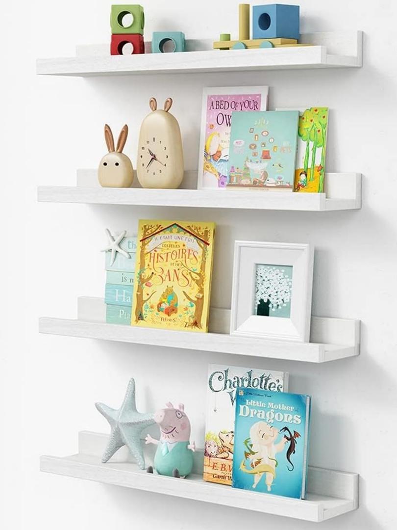 Forbena Floating Nursery Book Shelves for Wall, 24 Inches Long Wall Bookshelf for Kids Room, White Picture Ledge Shelf with Lip for Kid Toddler Child Childrens Bedroom Books (Solid Wood, Set of 4)
