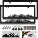 Mountain License Plate Frames - Plastic Car Tag Holders with Raised Mountain Design, Gray on Black, 2 Pack 2 Hole with Screws & Caps, Mountain Vinyl Sticker Included (Grey)