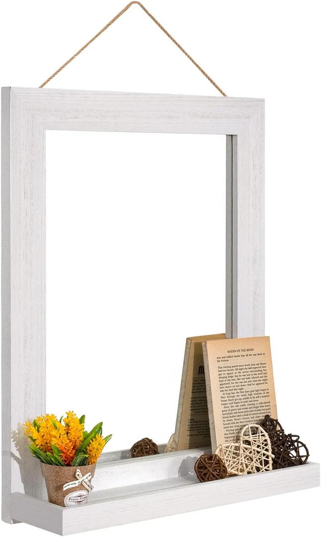 Wall Mirror with Shelf, 20 x 16 inch Farmhouse Decor Wall Mirror Hanging for Bathroom, Vanity, Bedroom, Entryway, Living Room (Weathered White)