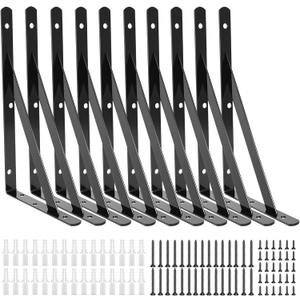 10 Pack L14 x H 10" Heavy Duty Shelf Brackets with Screws Open Floating Shelving Bracket L Brackets Black Metal Shelf Brackets for Shelves, Room, Pantry, Garage