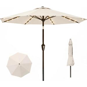 11FT Solar Lighted Patio Umbrella, Outdoor Table Market Umbrellas with Crank Lift, 32 LED Lights, 8 Sturdy Ribs, UV-Resistant for Deck, Garden, Pool