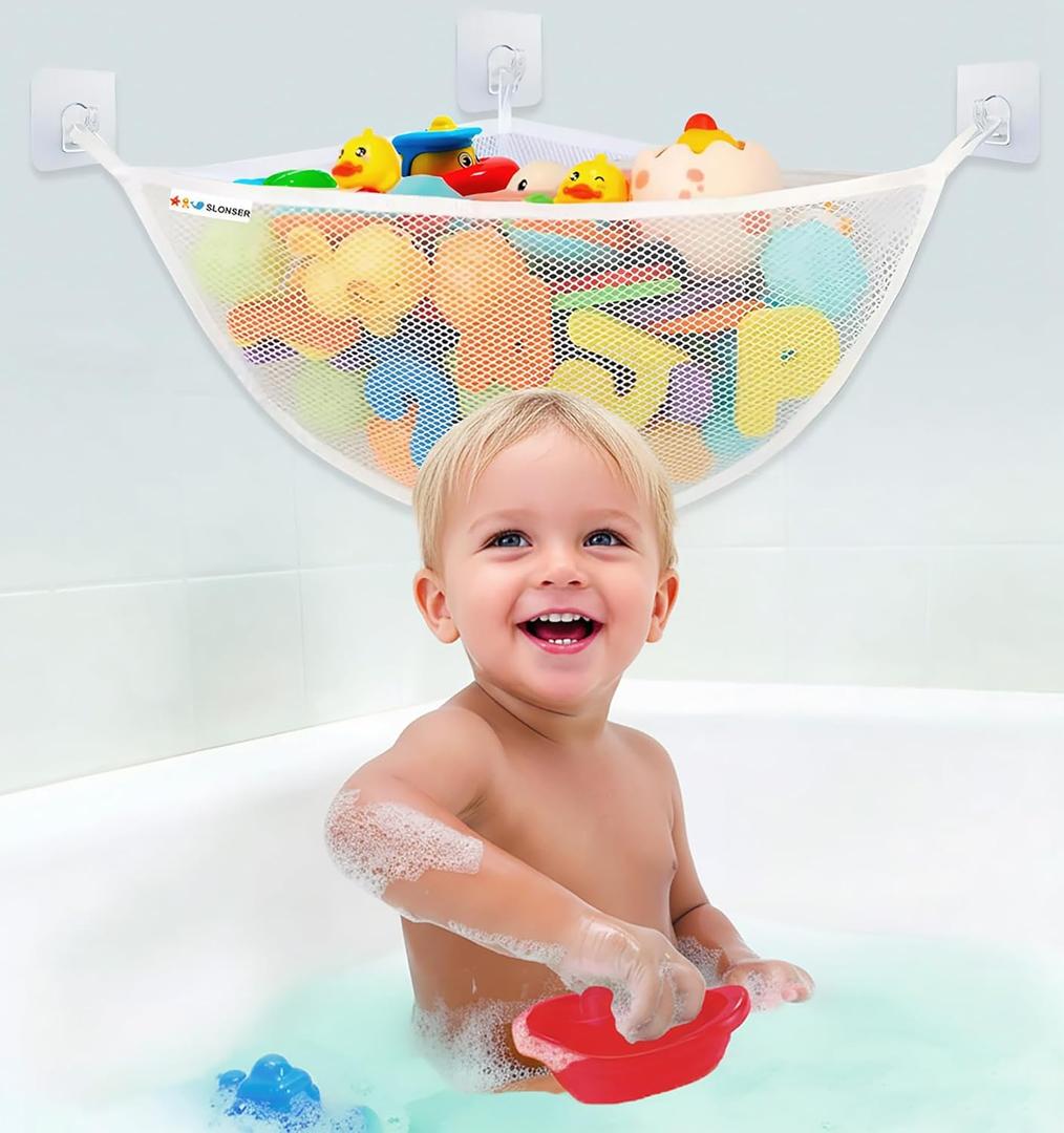 Bath Toy Storage Organizer for Bathtub Large Mesh Bath Toy Holder & Bath Toy Net, Corner Bathtub Toy Storage with 3 Strong Suction Cups, 3 Adhesive Hooks, Quick-Dry Toy Holder for Tub & Shower