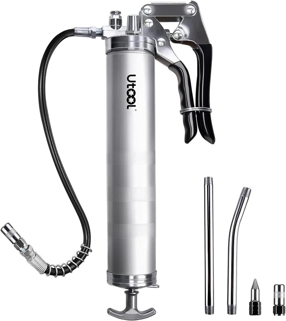 UTOOL Grease Gun, 8000 PSI Heavy Duty Pistol Grip Grease Gun Kit with 14 oz Capacity, 18 Inch Resin Flex Hose, 2 Basic Coupler, 2 Extension Rigid Pipe and 1 Sharp Type Nozzle, Argent Matte Finish (Silver)