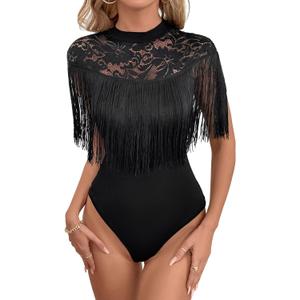 Womens Sexy Fringed Stretchy Floral Lace High Neck Leotard Bodysuit Clubwear (Medium, Black)