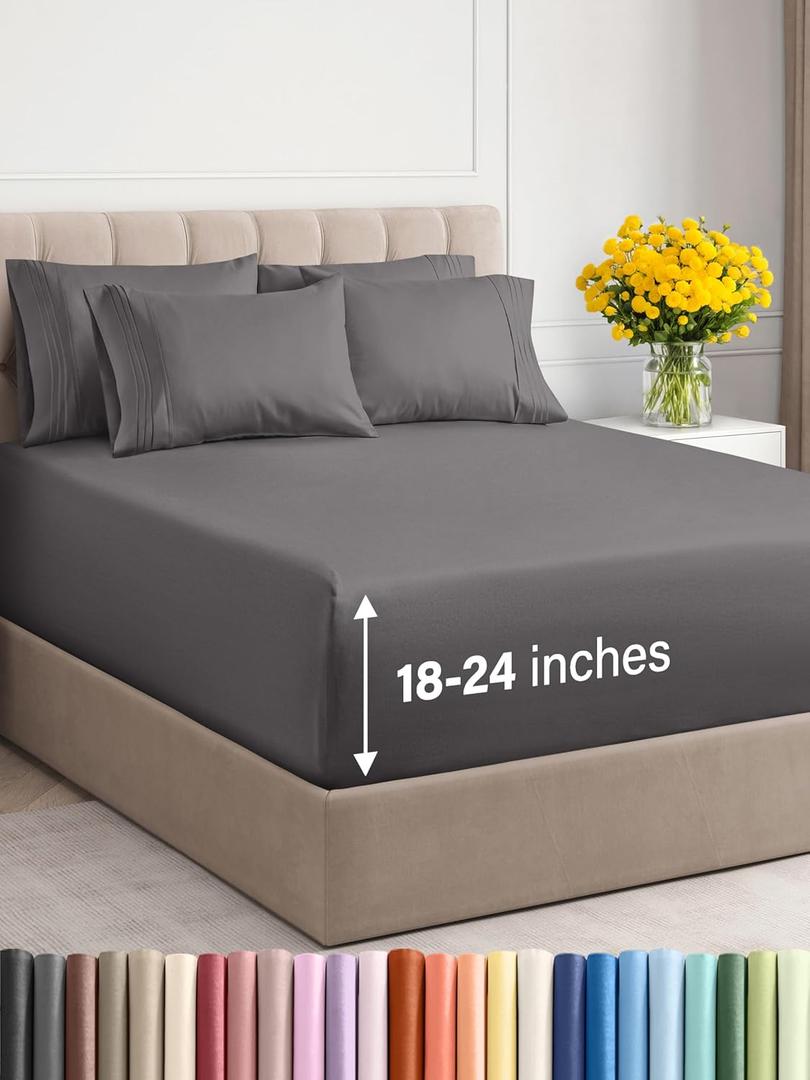 Extra Deep King Sheet Set - 6 Piece Breathable & Cooling Sheets - Hotel Luxury Bedding Set w/18-24 Inch Extra Deep Pockets - Easy & Secure Fit - Super Soft, Wrinkle Free and Comfy - Grey, King Size (07 - Dark Grey)