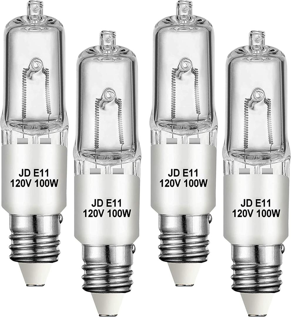 JDE11 120V 100W Halogen Mini Candelabra Bulbs,T4 100W JD E11 Bulb 4 Pack (Replacement E11 LED Bulb) 2700K Warm White Dimmable Halogen Bulb T4 for Ceiling Fan Light,Chandeliers,Table Lamps