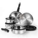 ROYDX 16pcs Pots and Pans Set, Stainless Steel Cookware Set Detachable Handle, Induction Kitchen Stackable RV Cookware Sets, (Camper, Boat, Small Kitchen), Dishwasher Safe&Oven Safe, PFOA Free, Silver