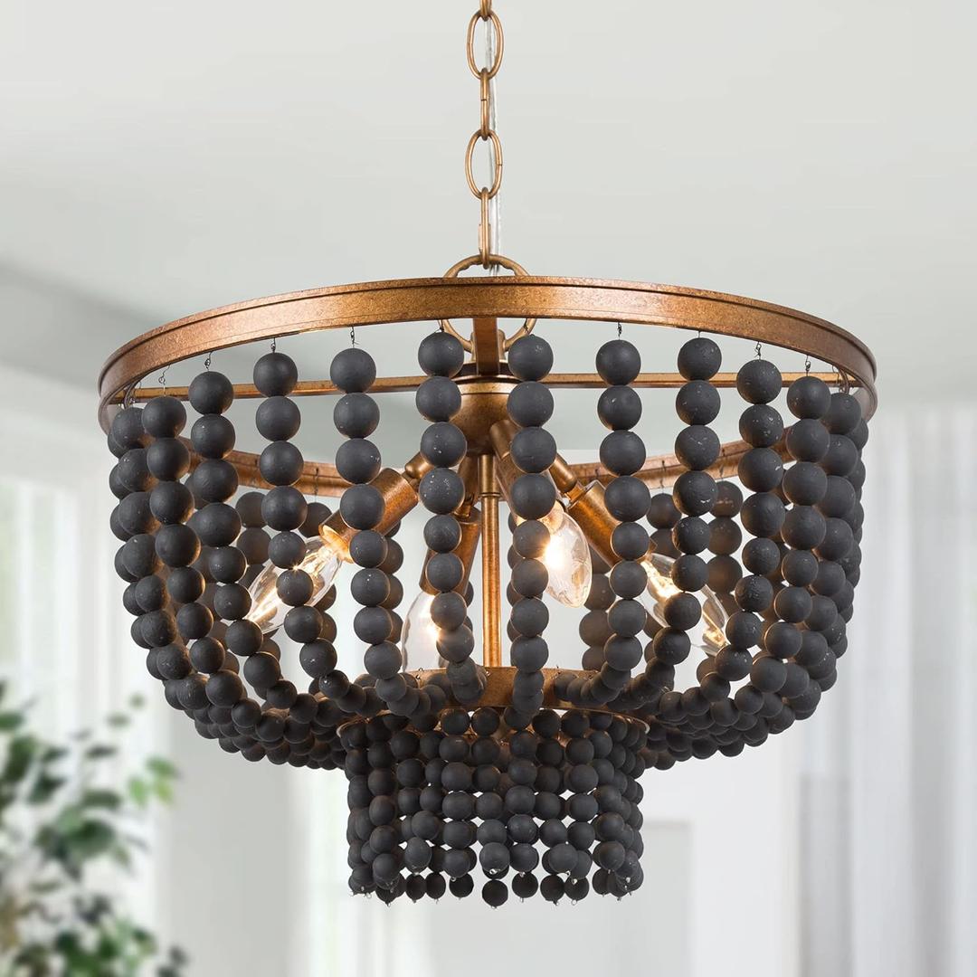 Black Beaded Chandelier, 4-Light Boho Farmhouse Chandelier for Dining Room, Bedroom, Hallway, Antique Gold Finish with Rustic Wood Bead Strands, 15.5" Dia